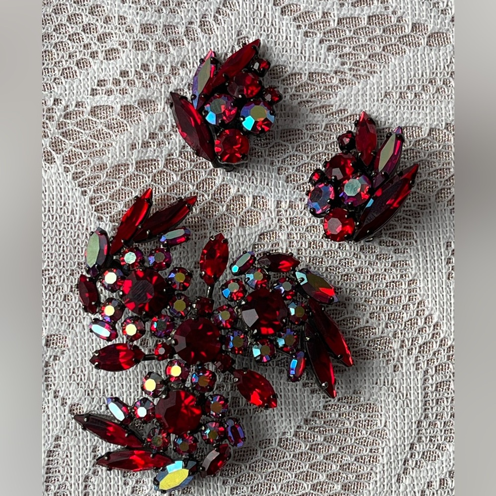 SHERMAN Signed Siam Red & AB Swarovski Crystal Demi-Parure Brooch & Earring Set